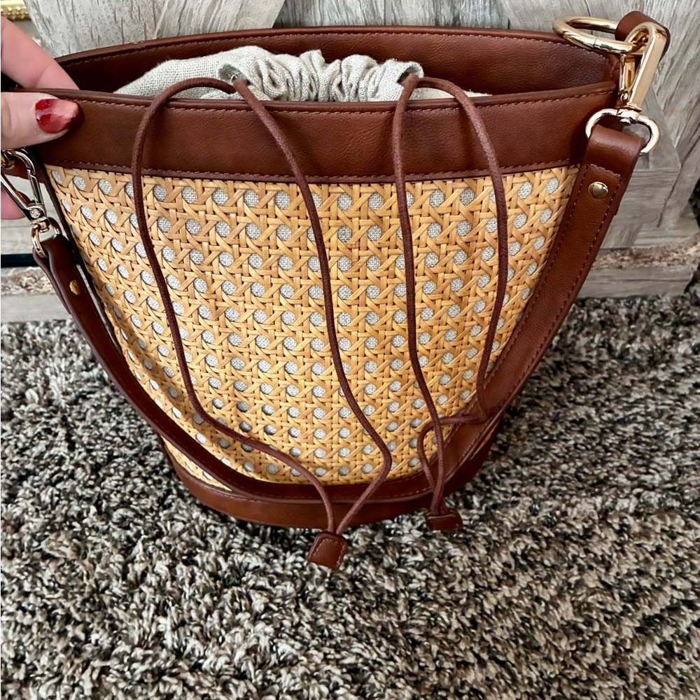 INC International Concepts Woven Rattan Bucket Crossbody in Tan and Brown
